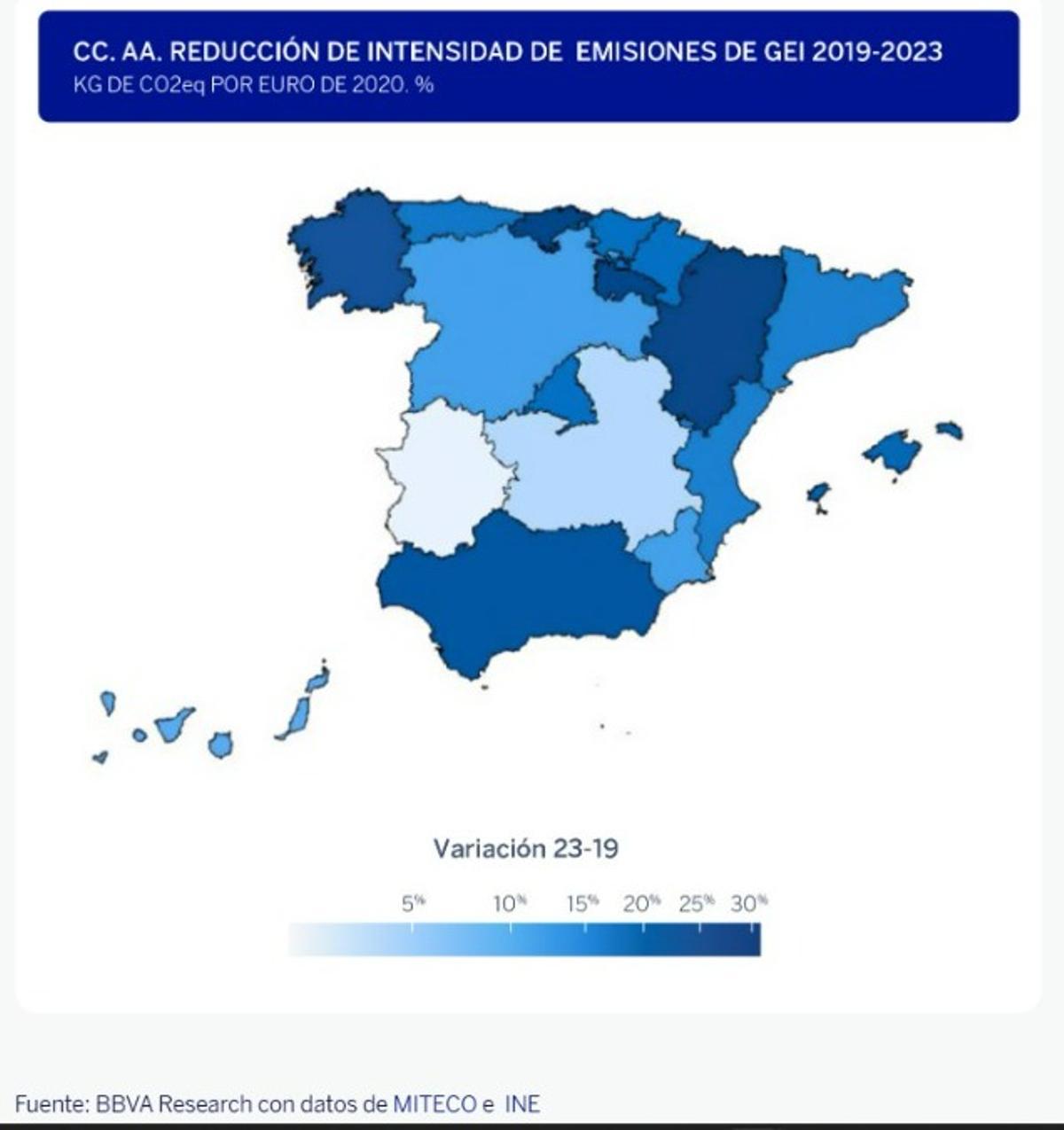 Mapa de la tasa de reducciçon de las emisiones de gases de efecto invernadero elaborado por BBVA Research.