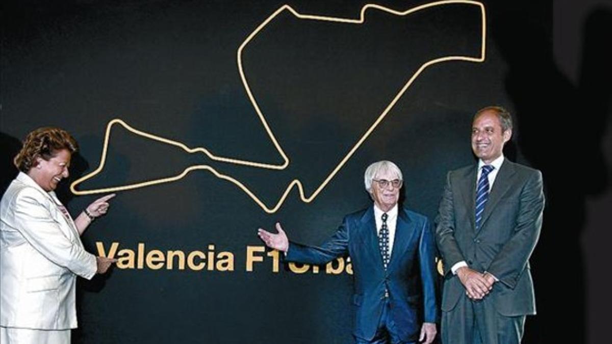 Barberá, Ecclestone y Camps presentan, en mayo del 2007, el proyecto valenciano de la F-1.