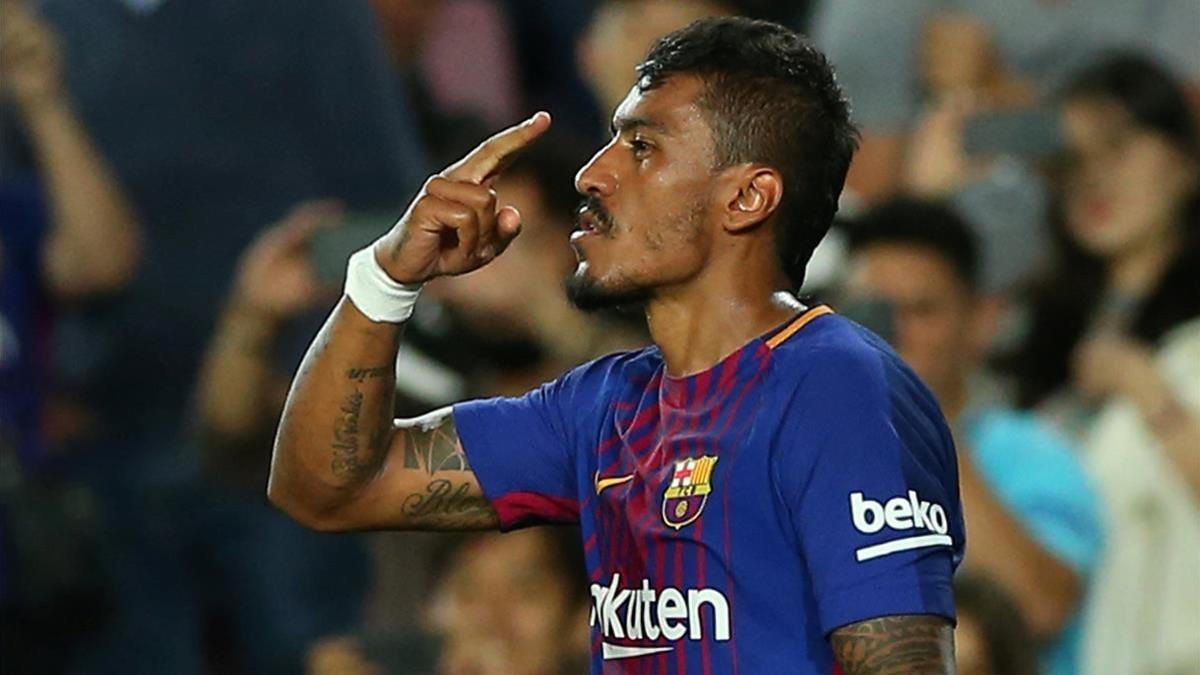 Paulinho celebra su gol al Eibar en el Camp Nou.