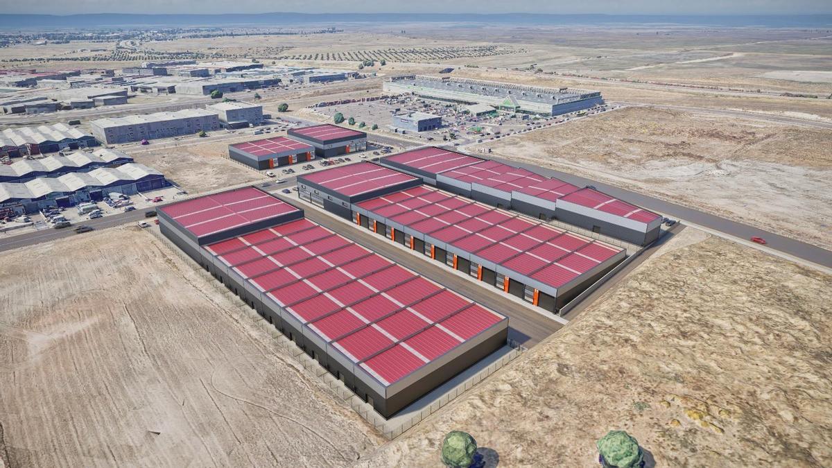 Recreación en 3D de la nueva promoción de naves en el polígono industrial El Nevero de Badajoz.