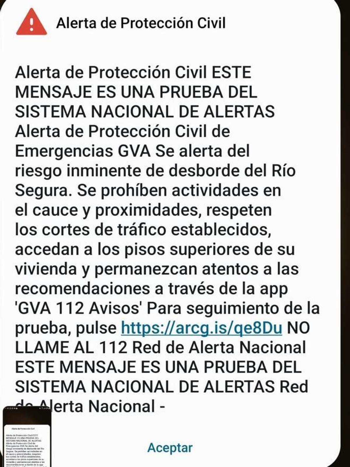 Alerta de GVA que ha llegado a los móviles de la Vega Baja