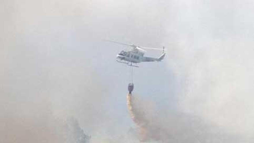 Un helicóptero trabaja en la extinción de un incendio en un eucaliptal.