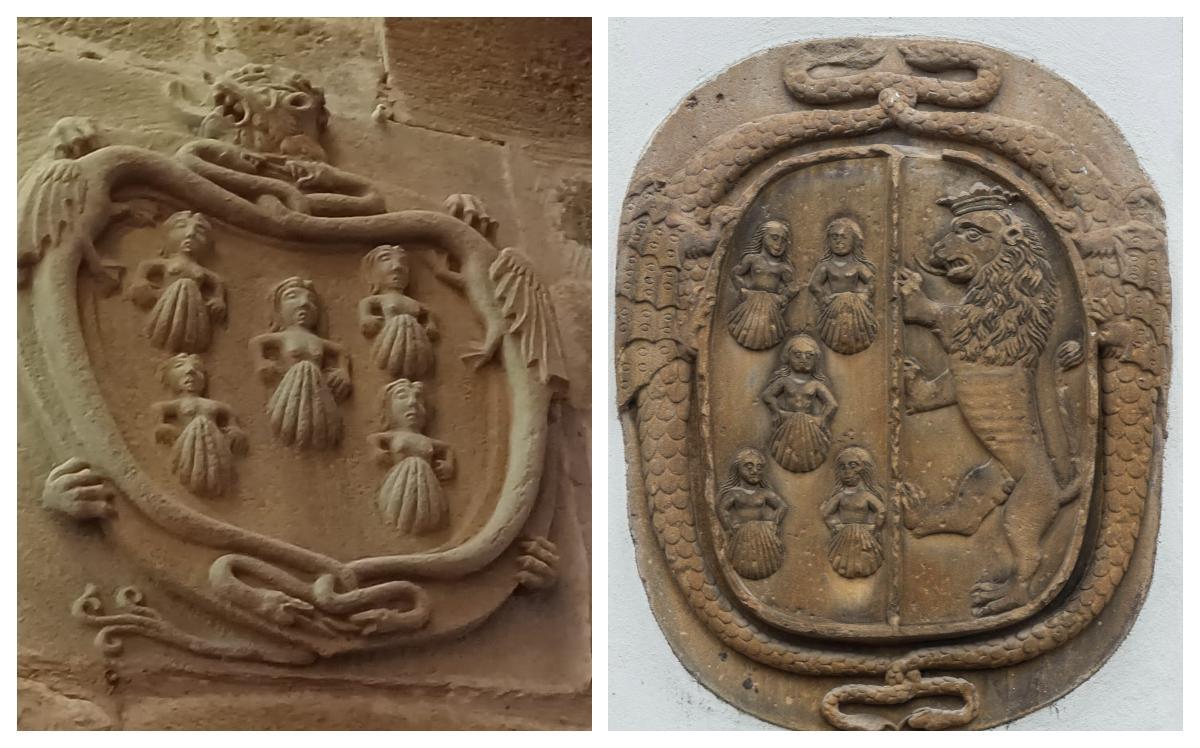 Escudo en el interior de la Colegiata de Teverga (izquierda) y escudo del palacio Miranda-Valdecarzana de Grado.