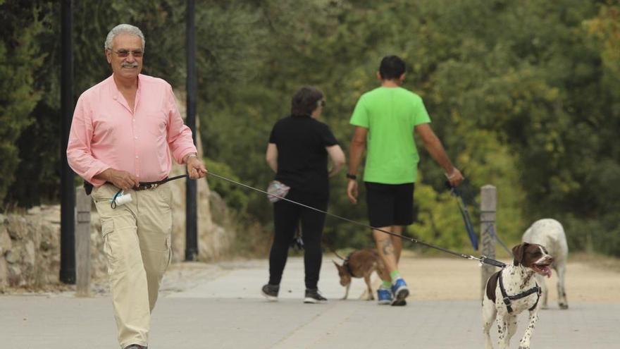 Varios ciudadanos pasean a sus perros por zonas verdes de la capital.