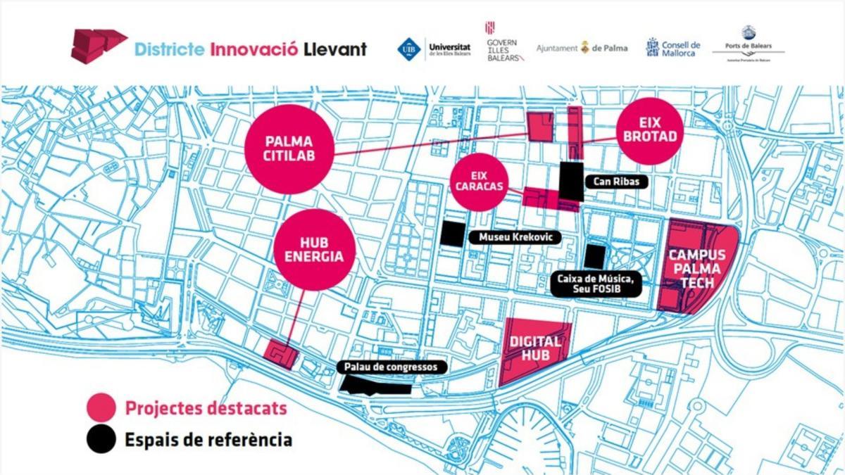 Distribución de los equipamientos previstos en el Distrito de Innovación del Nou Llevant. A la derecha el Campus Palma Tech.