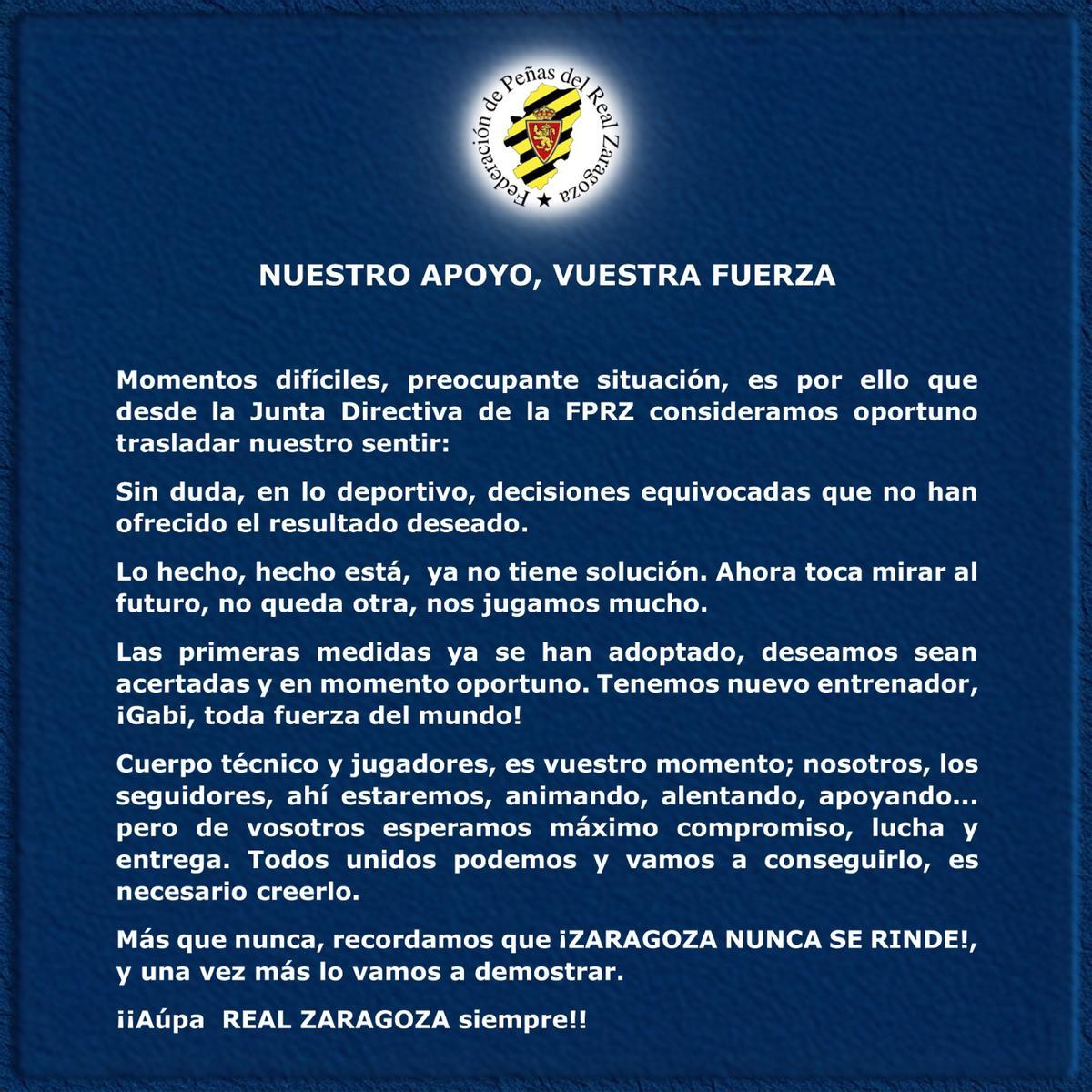 Comunicado publicado este miércoles por la Federación de Peñas del Real Zaragoza.