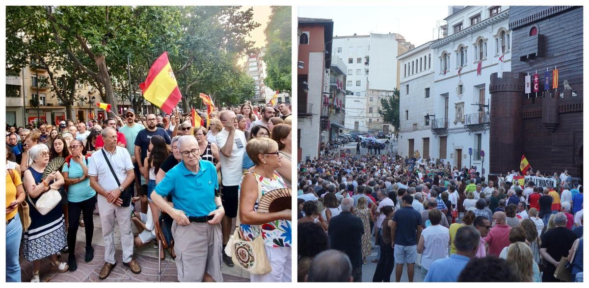 A la izquierda, participantes en la cita convocada en Xàtiva. A la derecha, la concentración coordinada en "apoyo a Ceuta" en Ontinyent.