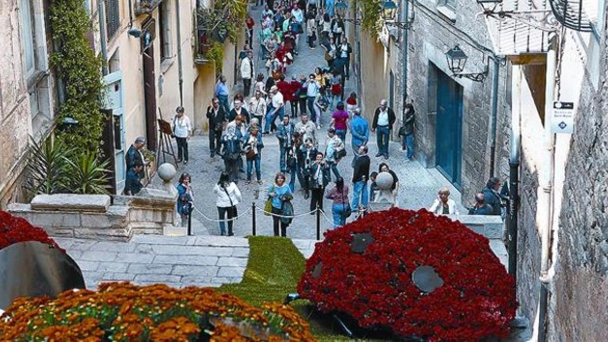 Arreglos florales en el centro histórico de Girona para el 'Temps de flors' de este año.