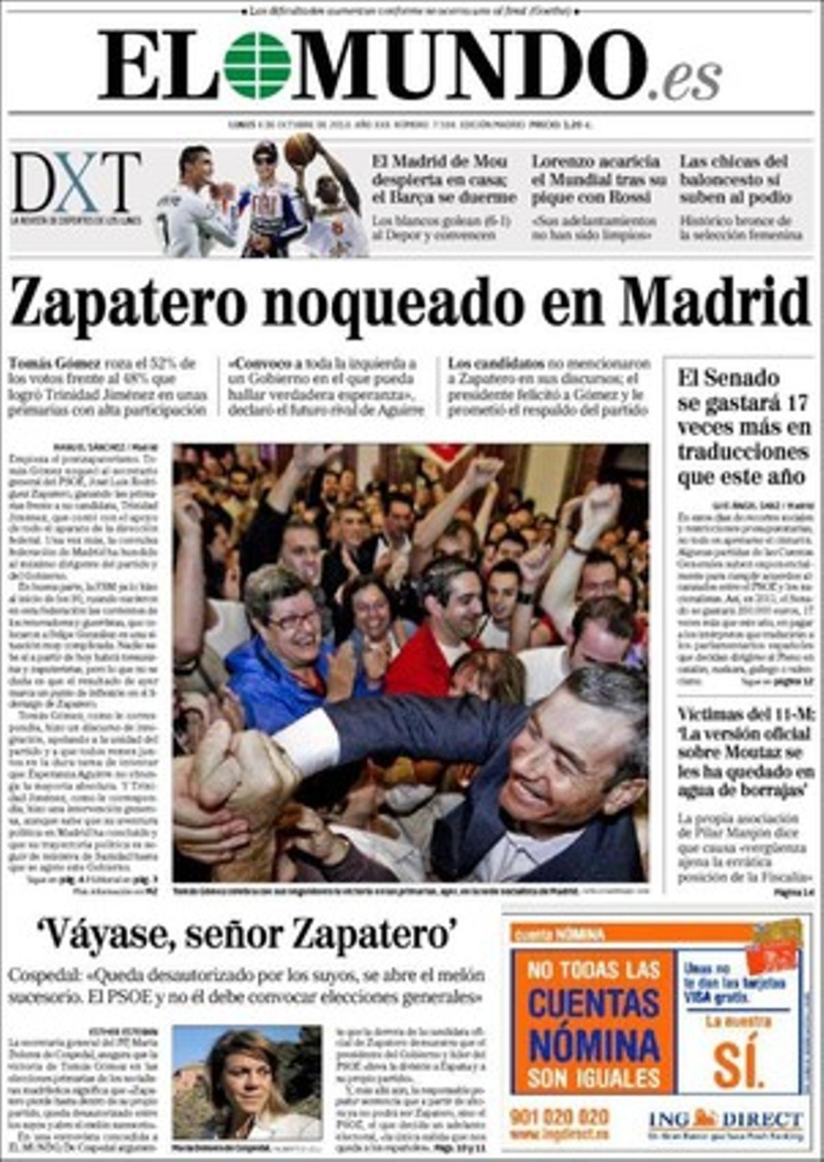 ’El Mundo’ entrevista María Dolores de Cospedal --Marxi, senyor Zapatero; no només divideix Espanya sinó el seu propi partit--, i destaca com a temes propis que les traduccions per l’ús de les llengües cooficials espanyoles arruïnaran el Senat el 2011, que troben un bebè carbonitzat al seient del cotxe del seu pare a Paderne (Corunya), que metges d’emergències que fa dos anys que estan en pràctiques a Catalunya reben cartes perquè acreditin el nivell C de català o veuran extingit el seu contracte, que Treball vol acotar via pressupostos generals de l’Estat dos fraus en els salaris dels empresaris autònoms, i que un problema informàtic paralitza la devolució de l’IVA a les empreses.