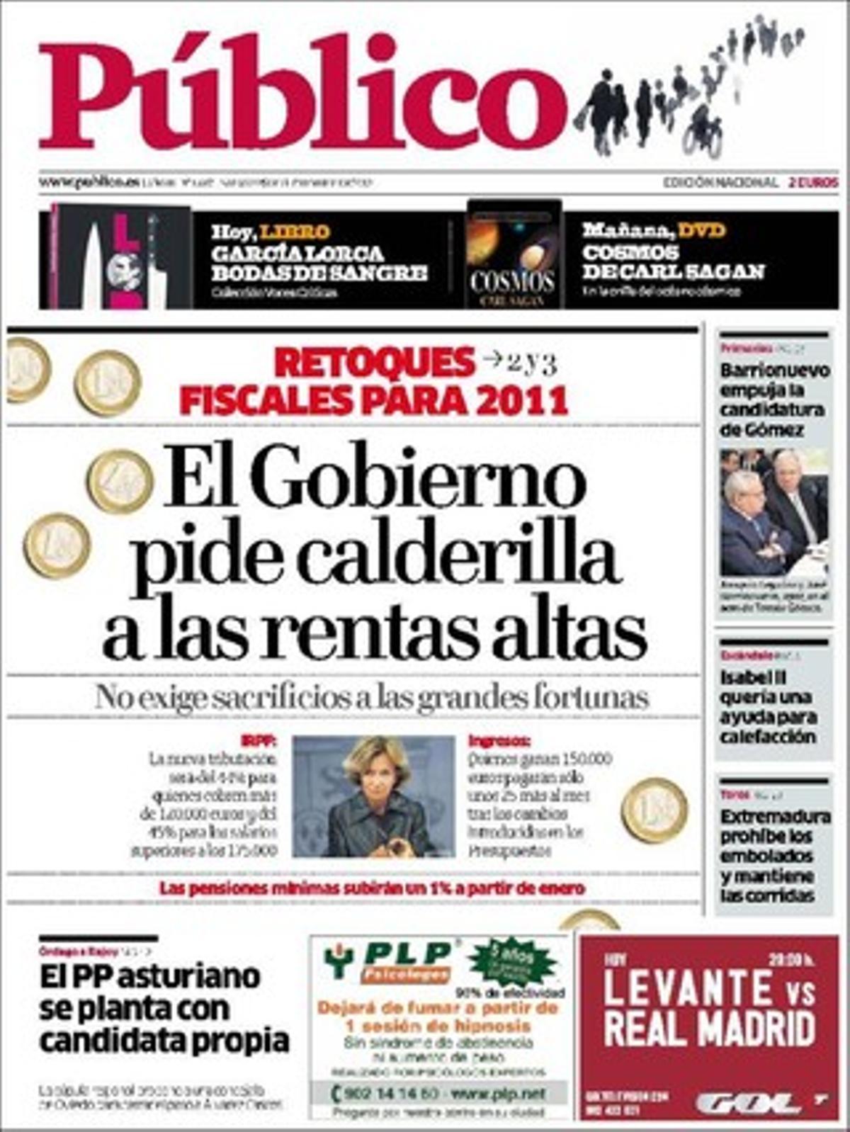 Portada de ’Público’ del 25 de setembre del 2010.