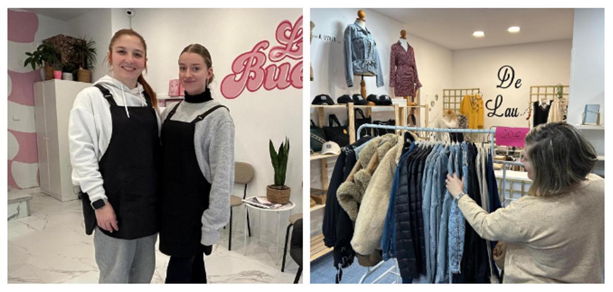 Lucía Otero y Vera Riego, en su negocio de estética, y Laura García, en el suyo, de moda.