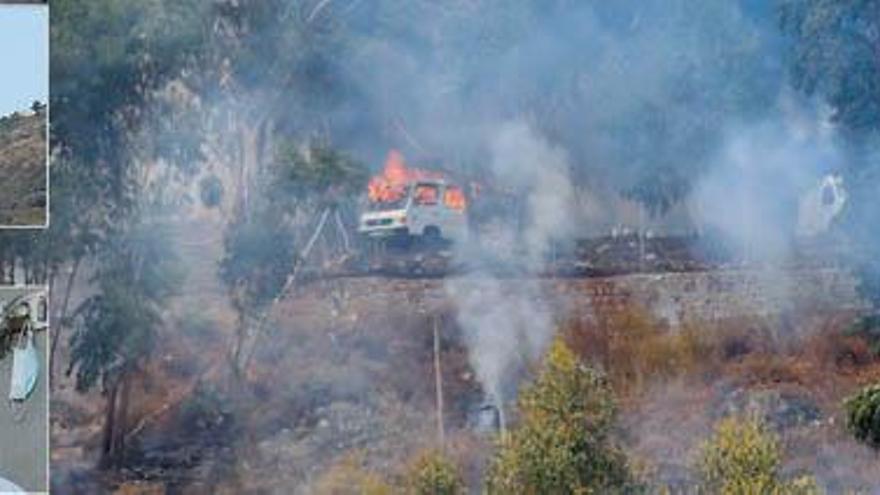 Una furgoneta del taller es devorada por el fuego a los pocos minutos de la explosión. En la foto pequeña superior, el hongo de humo tras el estallido. Debajo, Francisco Dávila.
