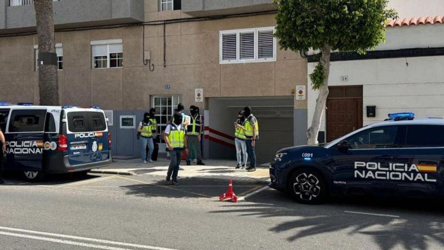 Agents de la policia durant l’operació als domicilis dels dos ‘hackers’ a Arinaga. | EUROPA PRESS