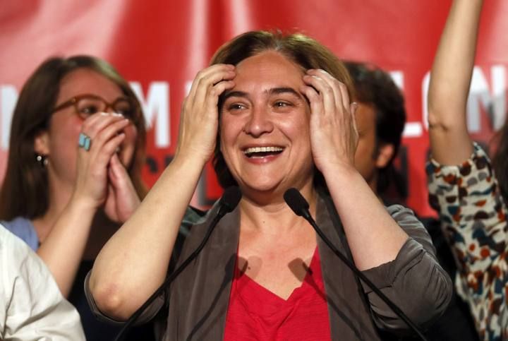 Colau, leader and local candidate of "Barcelona en Comu" party, reacts as she celebrates her victory after the regional and municipal elections in Barcelona