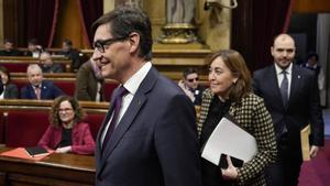 Salvador Illa, la consellera de Territori, Silvia Paneque, y el conseller de Presidència Albert Dalmau