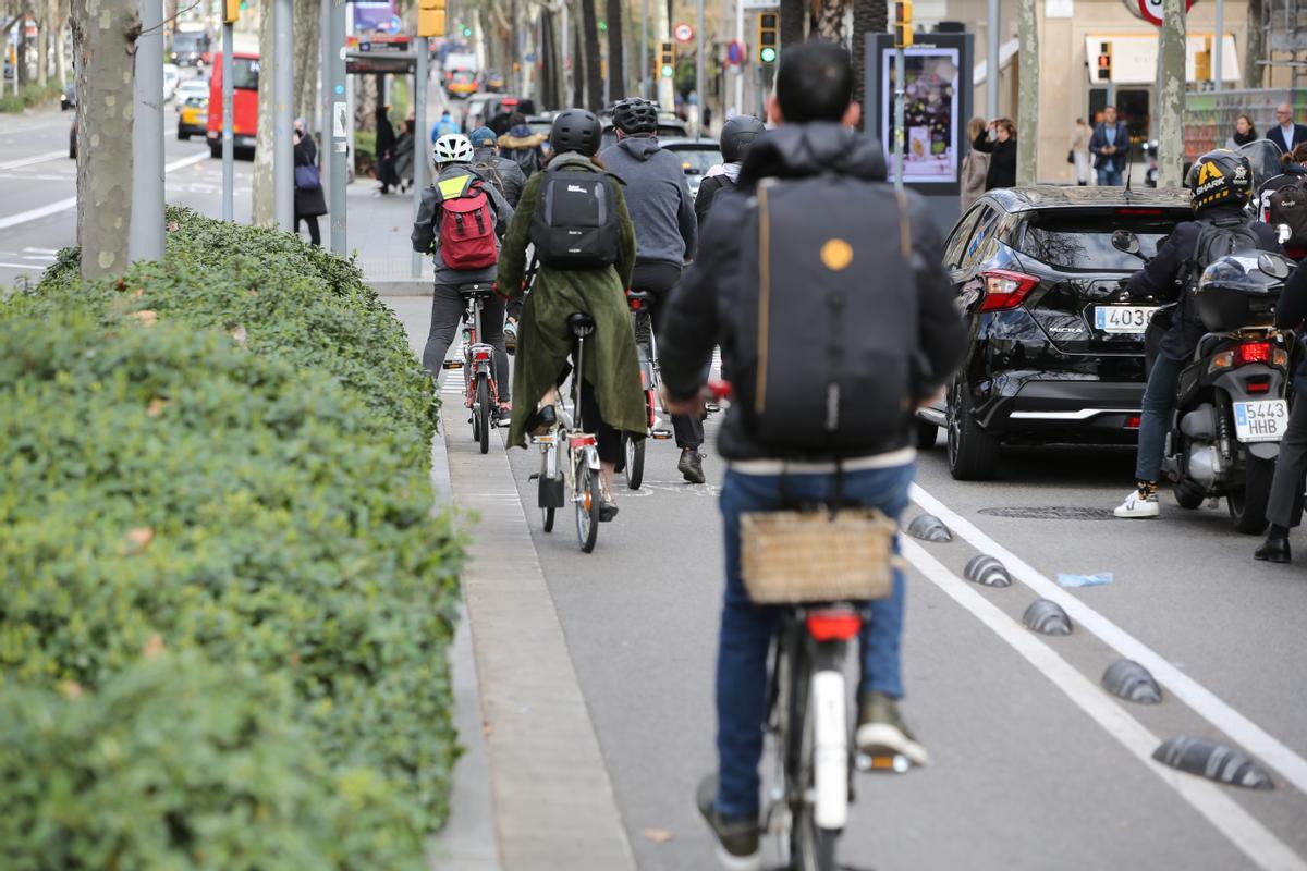 Cola de ciclistas, en el carril bici del lateral de la Diagonal