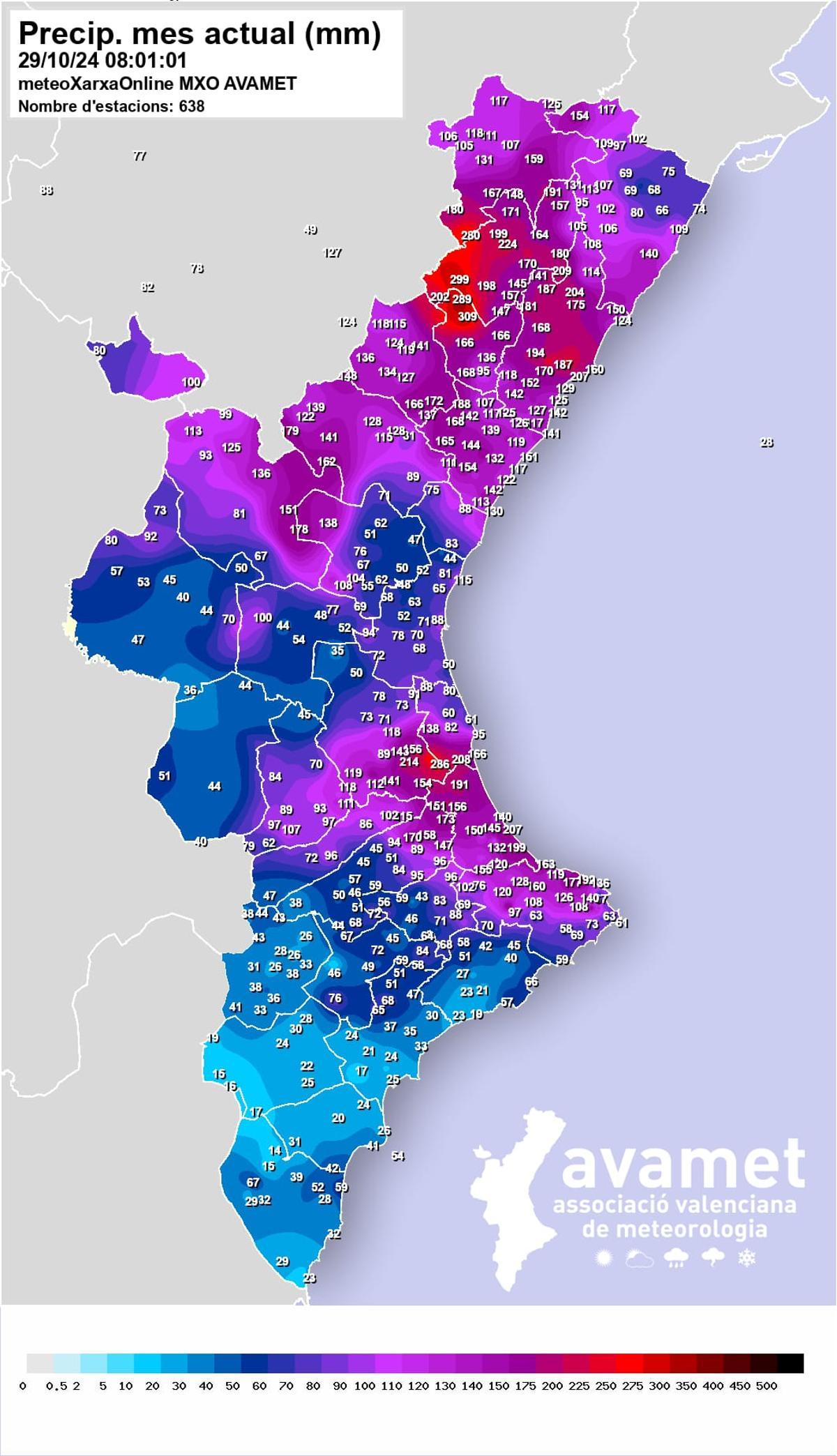 Mapa de precipitaciones acumuladas durante el mes de octubre en la Comunidad Valenciana. Destaca la pluviometría dels Ports y El Maestrat en Castellón, La Safor en València, la Marina Alta (Alicante), en contraste con el sur de la provincia