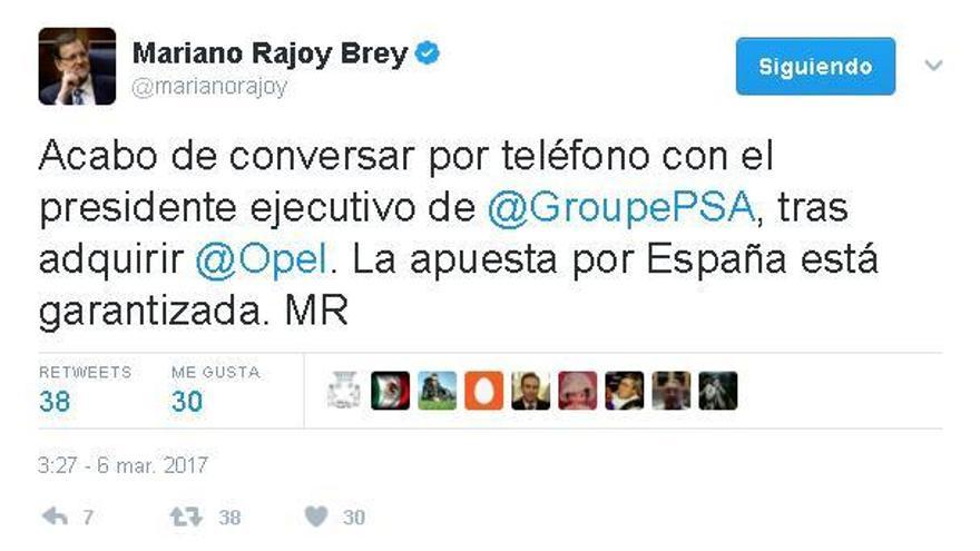 El post de Mariano Rajoy en Twitter