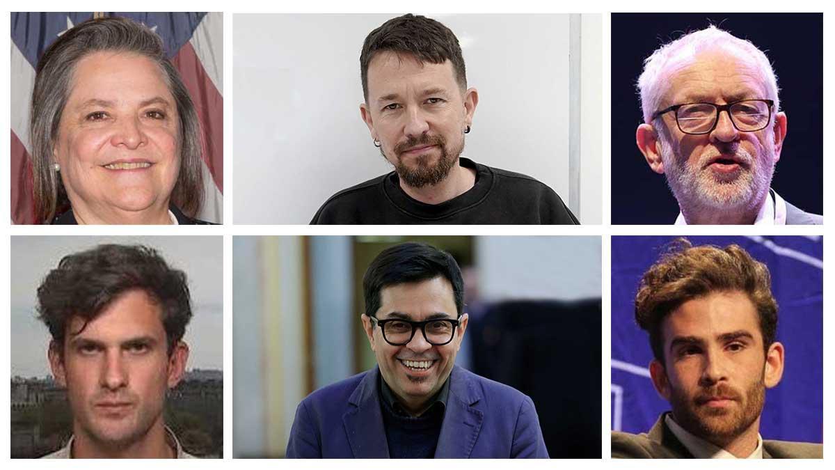 Los miembros de la flotilla a Cuba Clara López, Pablo Iglesias, Jeremy Corbyn, David Adler, Gerardo Pisarello y Hasan Piker.