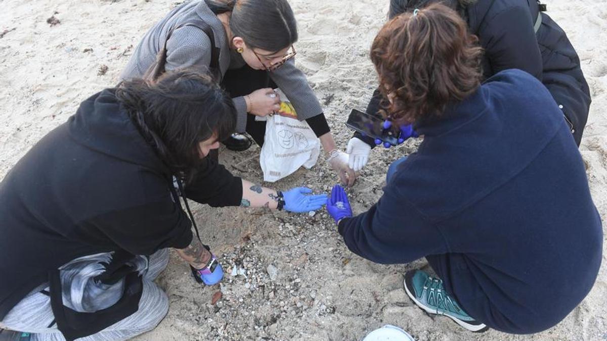 Voluntarios retiran los pellets de las playas de A Coruña.