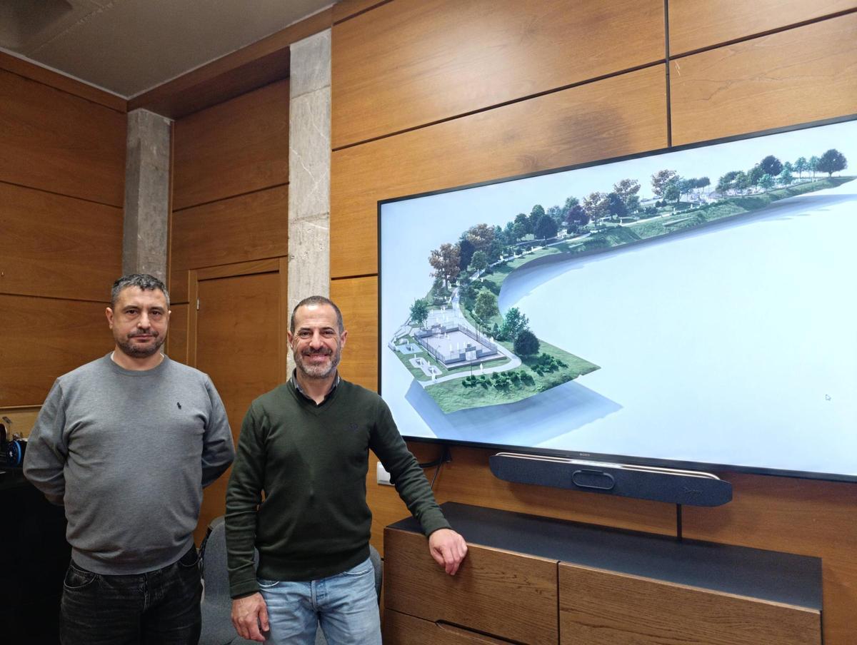 Javier Rodríguez (izquierda) y Ángel García, con la infografía del Parque de la Reconquista de Pola de Siero.