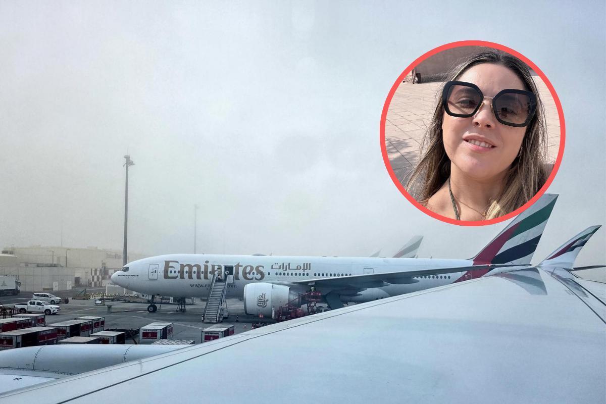 Una imagen del aeródromo de Dubái; en el círculo, Carmen, archenera atrapada junto a su amiga Tania.