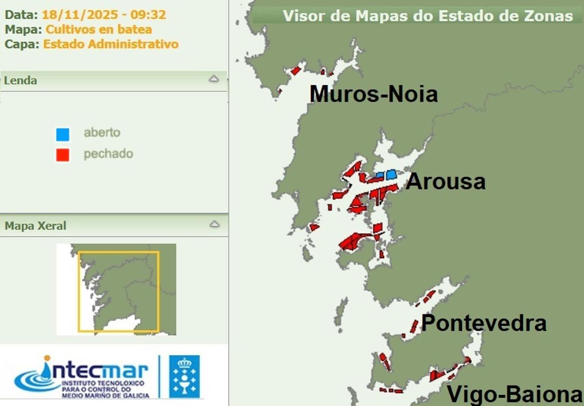 Los polígonos bateeiros cerrados, en rojo.