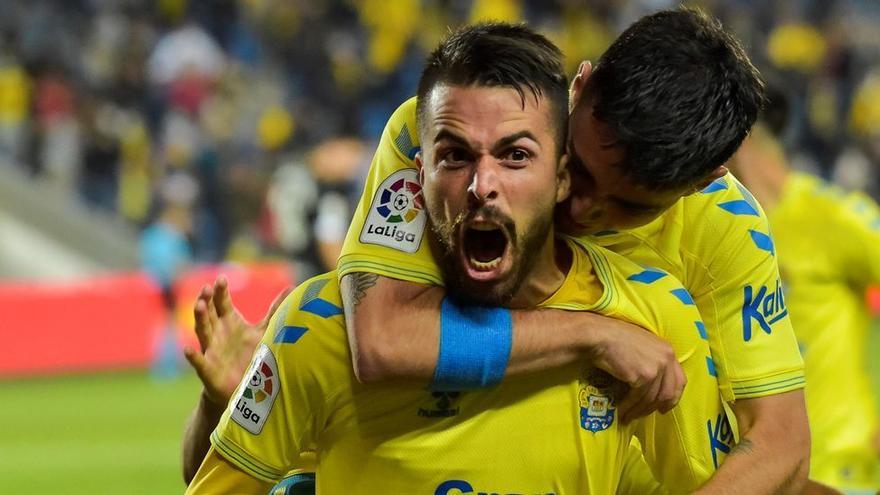 Kirian durante la celebración de un gol con la UD Las Palmas.