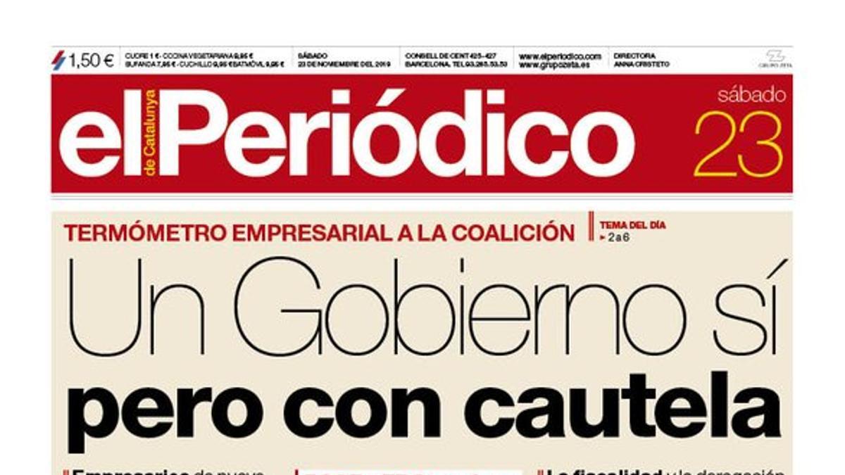 La portada de EL PERIÓDICO del 23 de noviembre del 2019.