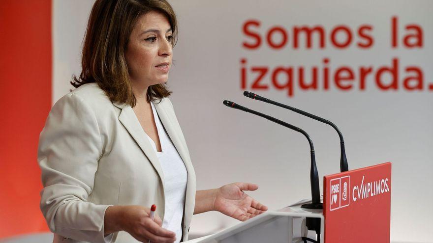 MADRID, 04/02/2022.- La vicesecretaria general del PSOE, Adriana Lastra, ofrece una rueda de prensa en la sede del partido en Madrid, este viernes. EFE/ Emilio Naranjo