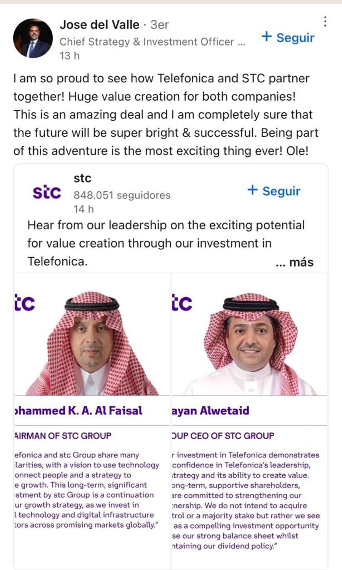 Post de Linkedin de José Del Valle, ejecutivo de STC y exdirectivo de Telefónica