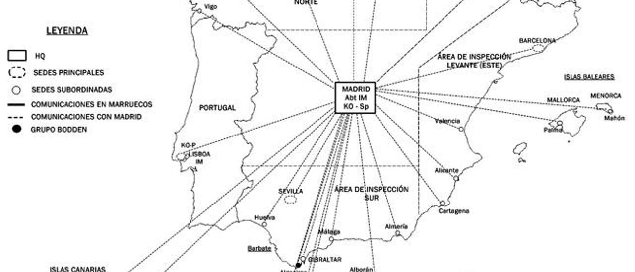 Red nazi en España; mapa elaborado en 1946