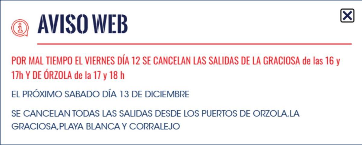 Aviso de Líneas Romero de suspensión de viajes en ferry en Lanzarote, La Graciosa y Fuerteventura por la borrasca Emilia.