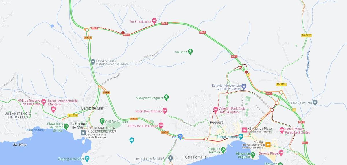 Die Verkehrslage rund um Peguera gegen 11 Uhr am Mittwoch.