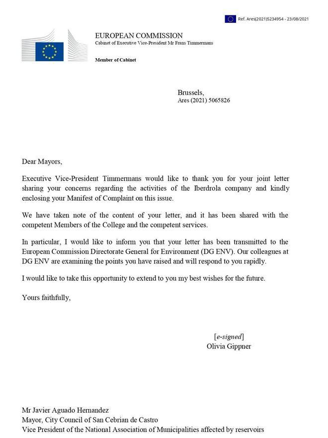 Esta Es La Carta Integra Del Vicepresidente De La Ue A Los Alcaldes De Ricobayo La Opinion De Zamora
