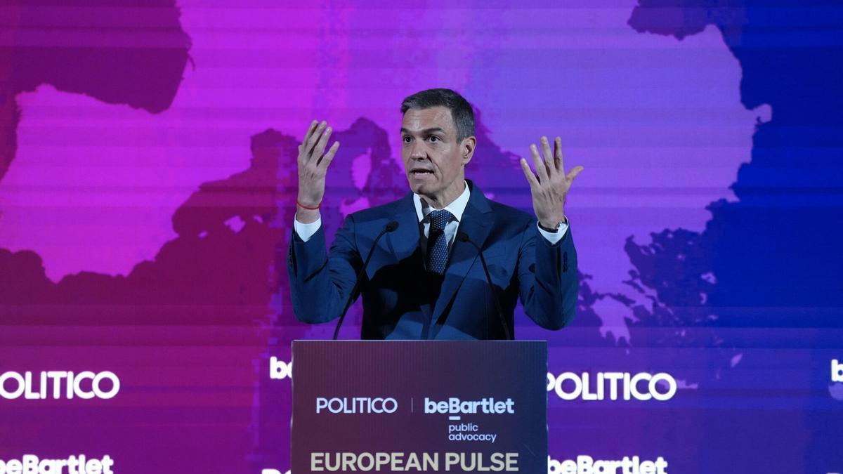 El presidente del Gobierno, Pedro Sánchez, interviene durante el European Pulse Forum 2026, este viernes en Barcelona.