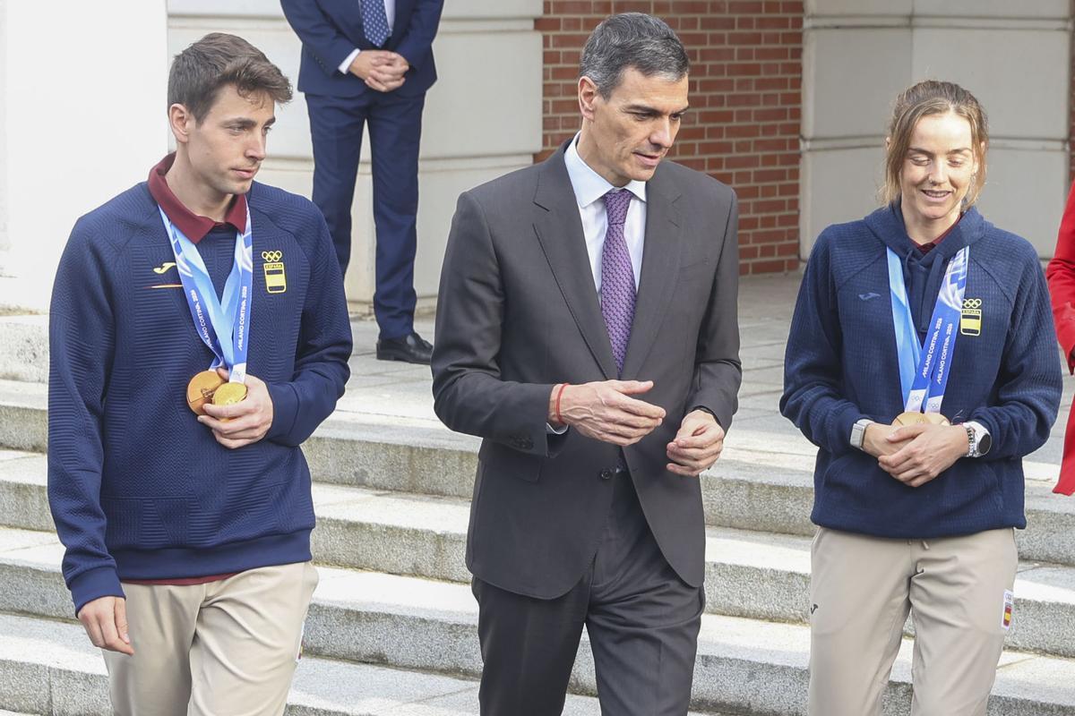 Pedro Sánchez, este miércoles por la tarde en Madrid, durante la recepción a los olímpicos.