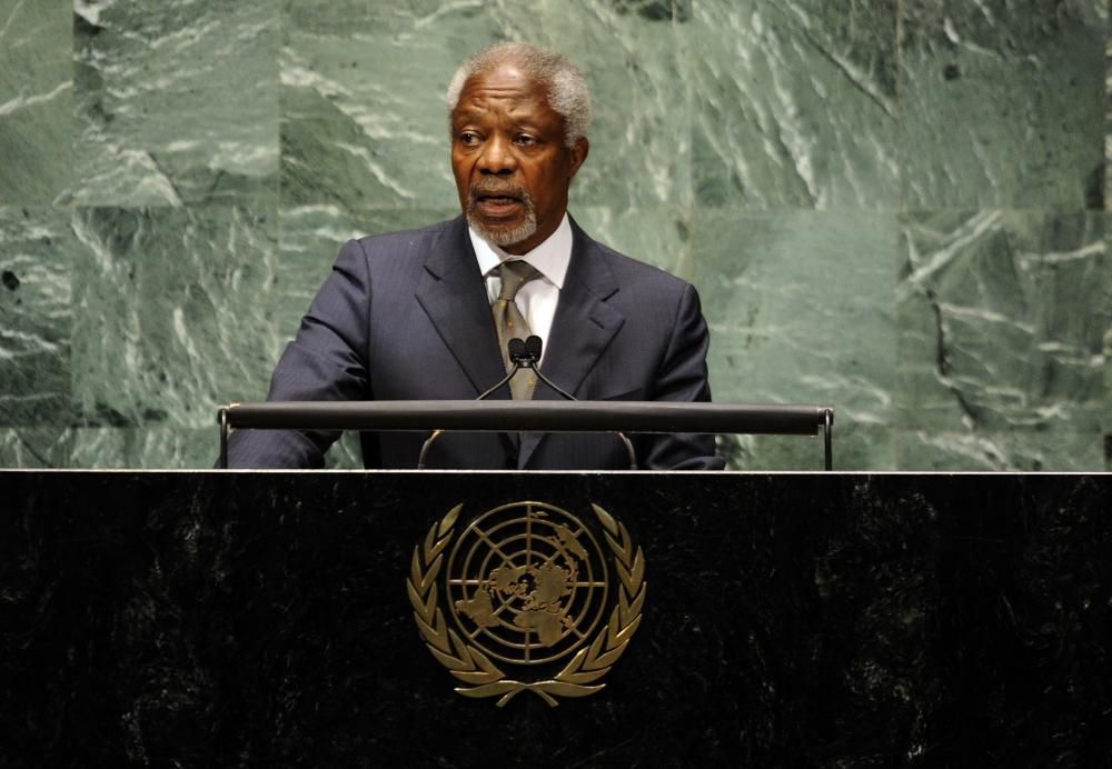 En esta foto de archivo tomada el 07 de junio de 2012 Enviado Especial Conjunto para Siria, Kofi Annan se dirige a la 66 sesión de la Asamblea General sobre la situación en la República Árabe Siria ante las Naciones Unidas en Nueva York.