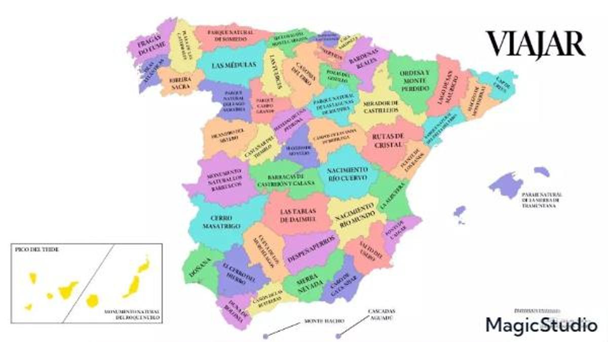 Un mapa que muestra todas las joyas naturales de España.