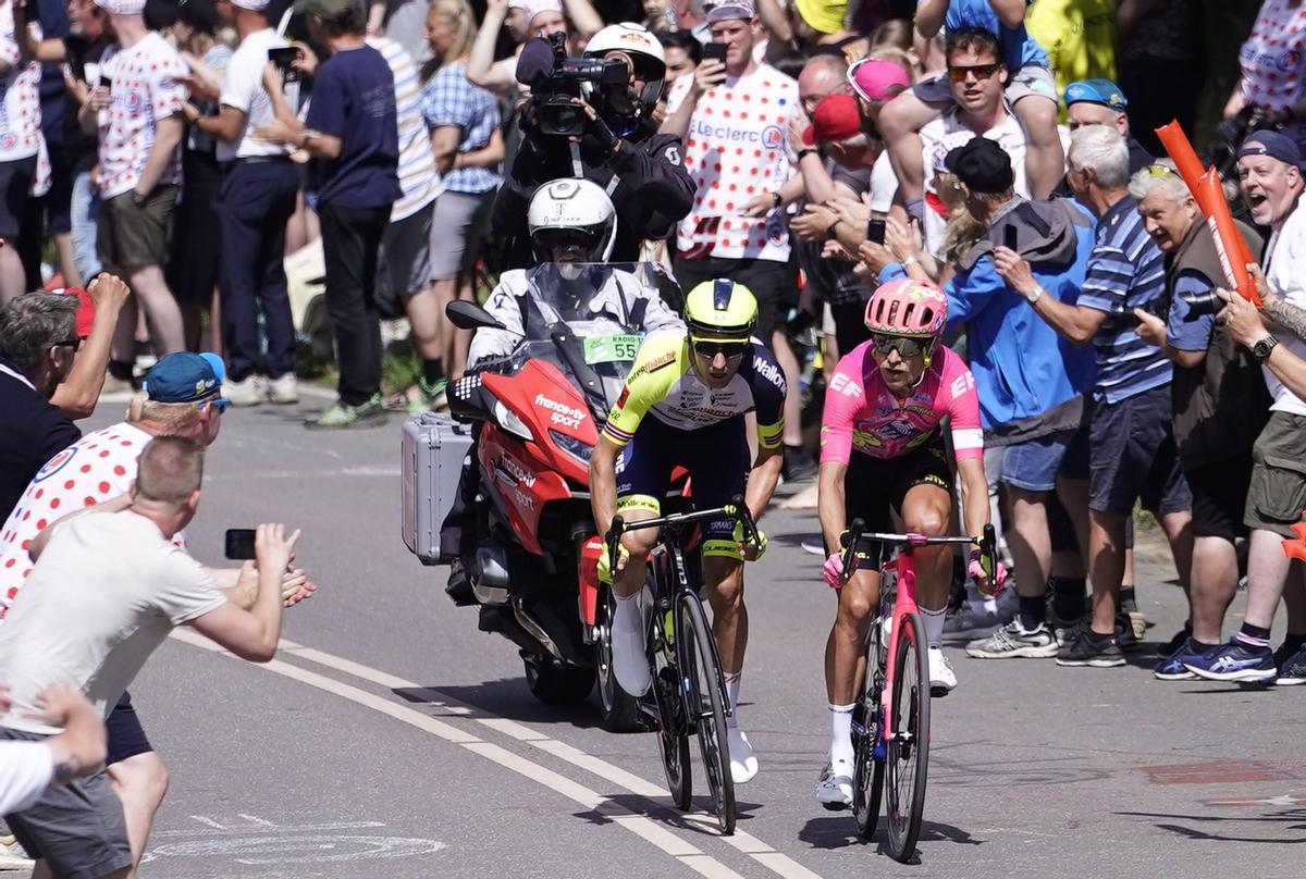 Nyborg (Denmark), 02/07/2022.- Danish rider Magnus Cort (R) of Team EF and Norwegian rider Sven Erik Bystroem of Team Intermarche in action during the second stage of the Tour de France 2022 cycling race, over 202.5km between Roskilde and Nyborg, Denmark, 02 July 2022. (Ciclismo, Dinamarca, Francia) EFE/EPA/Liselotte Sabroe DENMARK OUT