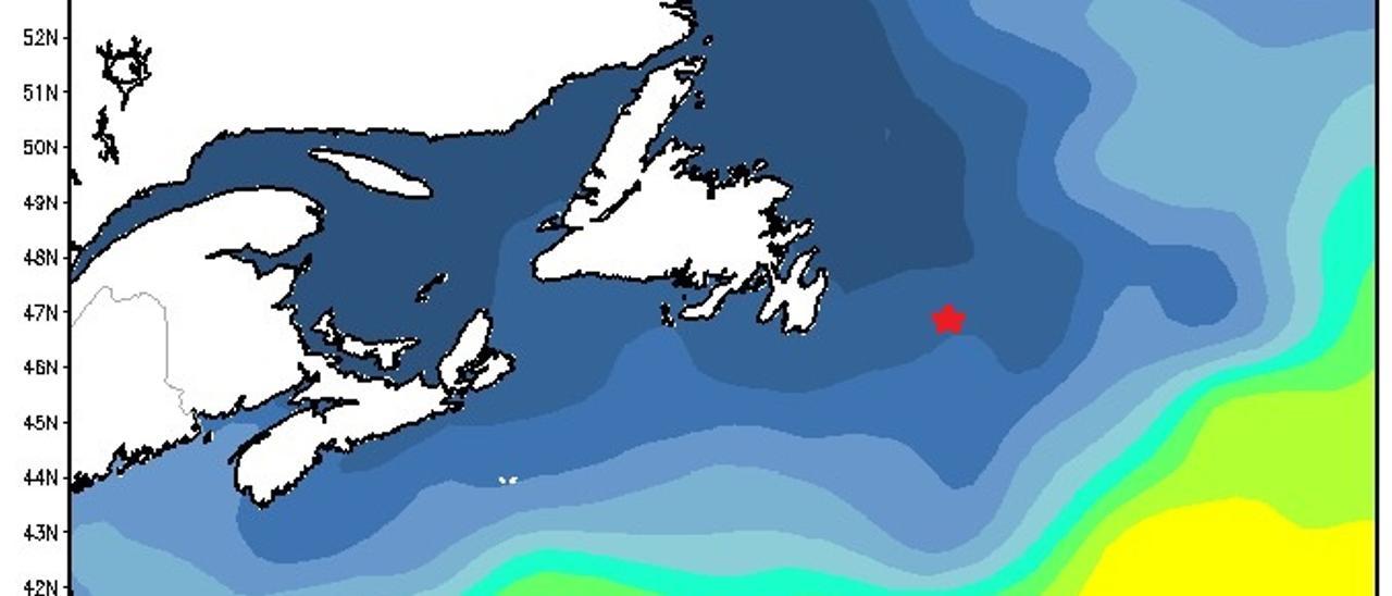 Mapa de las temperaturas del agua en la zona de Terranova en la que se produjo el naufragio.