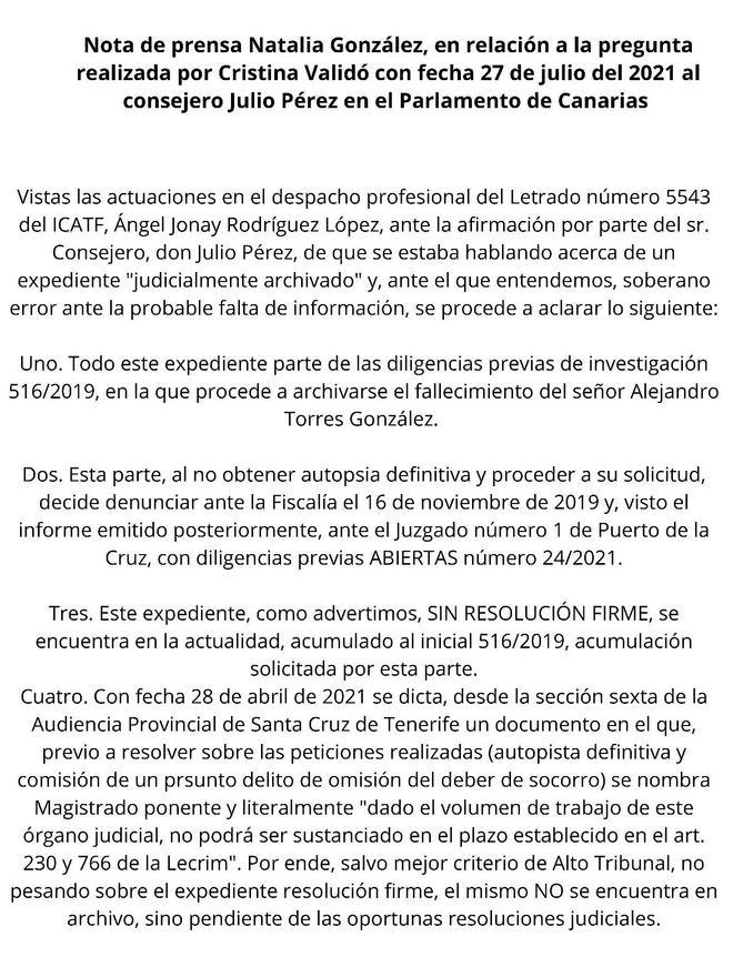 Comunicado de Natalia González del 27 de julio de 2021