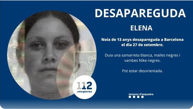 Localizada sana y salva Elena, una menor de 13 años desaparecida en Barcelona