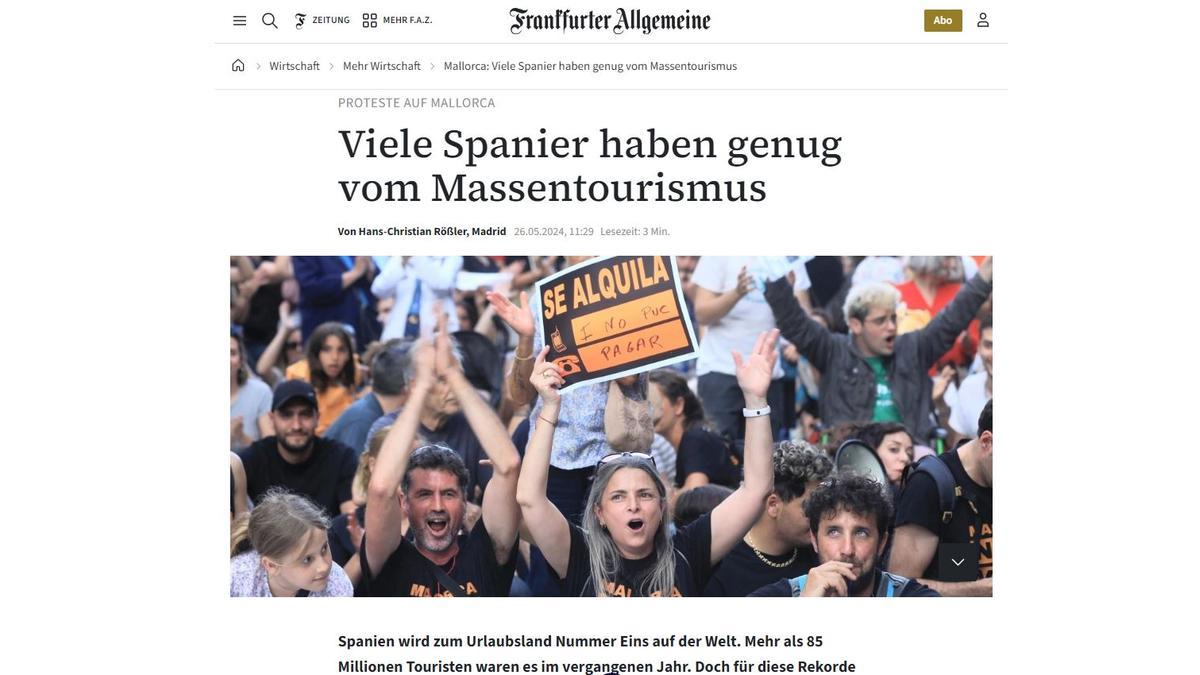 &quot;Muchos españoles están hartos del turismo de masas&quot;, reza el titular del 'Frankfurter Allgemeine'.