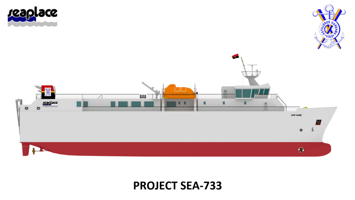 ASTILLEROS Y VARADEROS FRANCISCO CARDAMA LLEVARA A CABO LA CONSTRUCCION DE UN FERRI ENCARGADO POR EL GOBIERNO DE ANGOLA DESTINADO AL TRANSPORTE DE MERCANCIAS POR EL ENLACE MARITIMO - FLUVIAL ENTRE LOS PUERTOS DE LUANDA (LA CAPITAL DEL PAIS) Y CABINDA. Recreación final del ferri para Angola que construirá Astilleros Cardama. // FdV. INFOGRAFIA