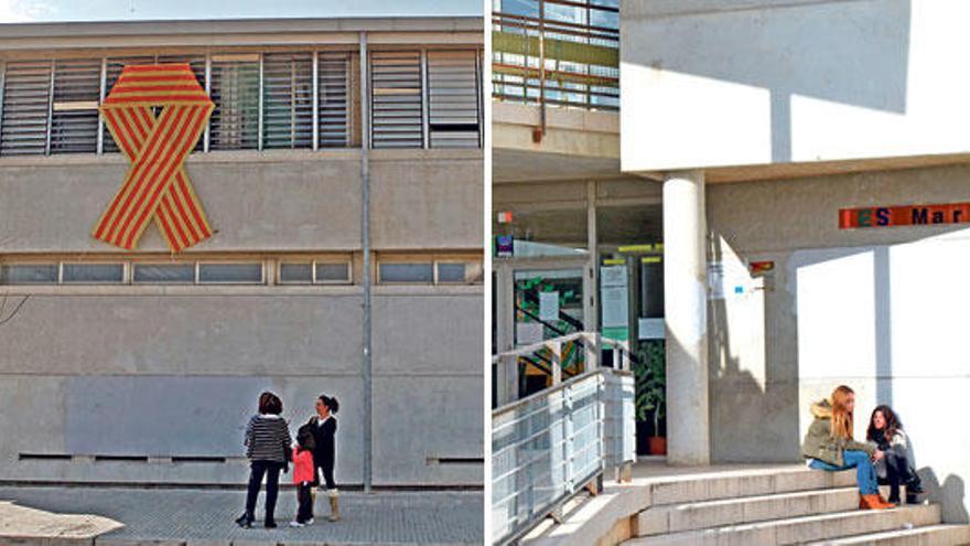 IES Marratxí con un enorme lazo antes del pasado viernes. Ayer, imagen del instituto sin ningún símbolo en su fachada.