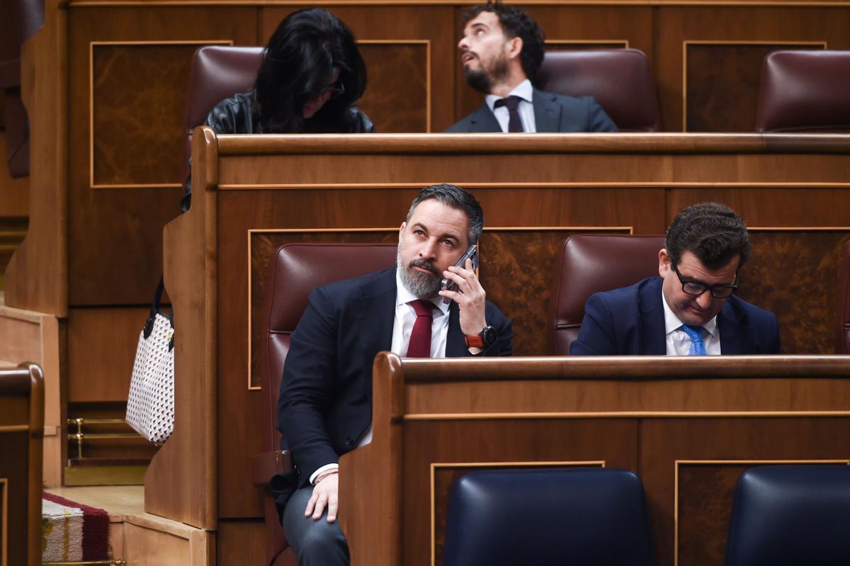 El presidente de Vox, Santiago Abascal, durante una sesión plenaria en el Congreso de los Diputados.