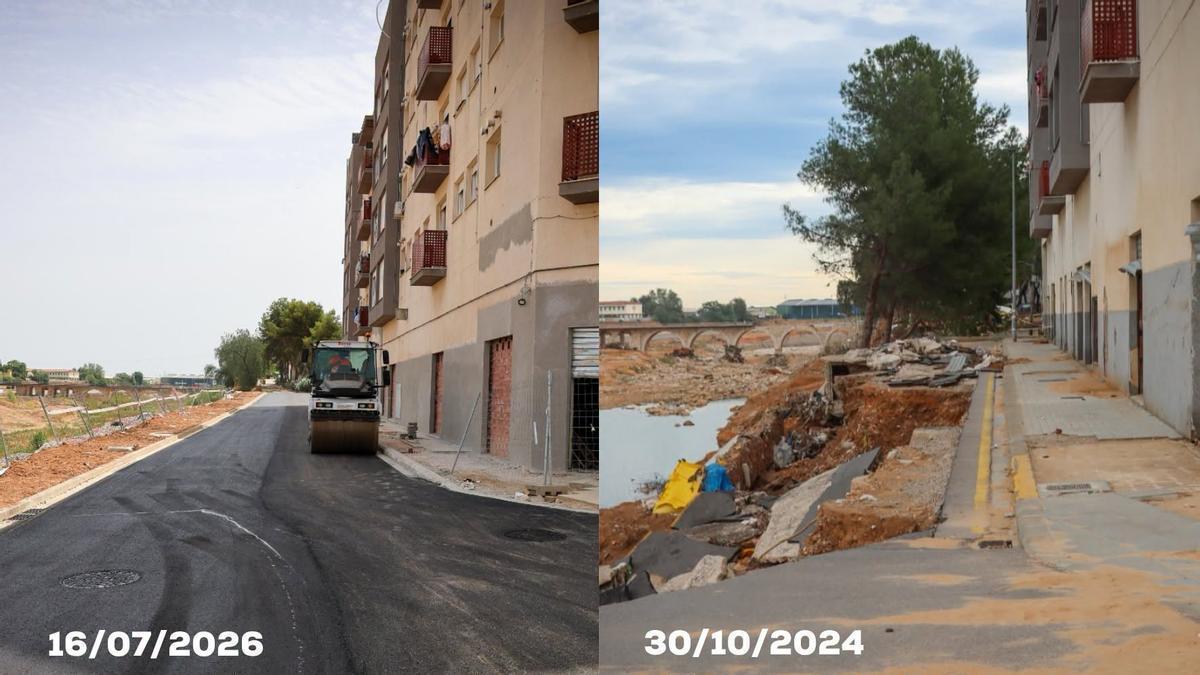 Hoy y antes: La nueva calle Barranc de l’Horteta ya reconstruida tras ser arrasada por la dana en 2024.