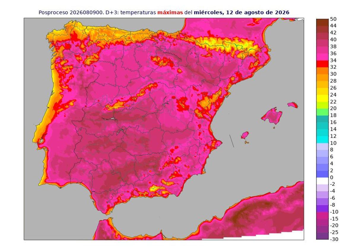 Mapa de temperaturas máximas para el 12 de agosto