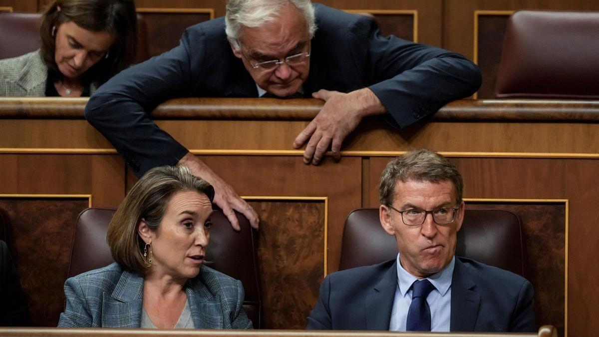 El líder del PP, Alberto Núñez Feijóo, junto a Cuca Gamarra, Esteban González Pons y Carmen Fúnez.